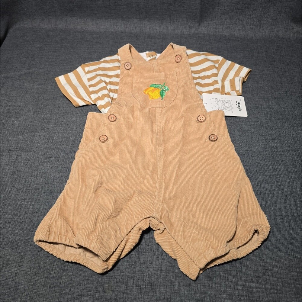 NWT Corduroy Tan Toddler Overalls 18-24 Months Embroidered Lemon Cottagecore